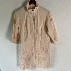 Chicos 100% Linen Jacket women’s 2 peach 3/4 sleeve eyelet with pockets zip coat